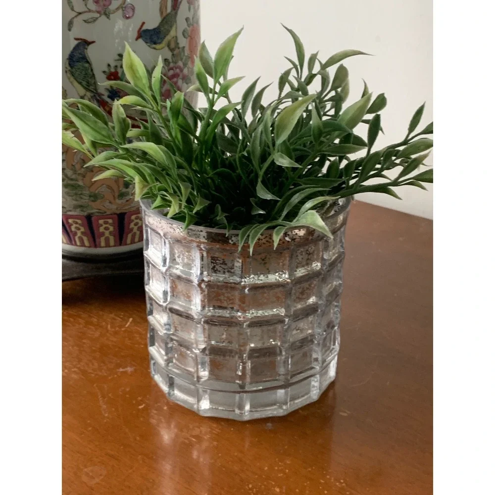 Silver Mercury Glass Waffle Grid Candle Holder Vase Decorative Votive Cup